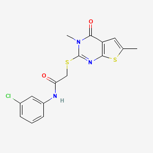 molecular formula C16H14ClN3O2S2 B2959721 N-(3-chlorophenyl)-2-(3,6-dimethyl-4-oxothieno[2,3-d]pyrimidin-2-yl)sulfanylacetamide CAS No. 878712-52-8