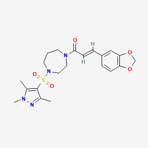molecular formula C21H26N4O5S B2959742 (E)-3-(benzo[d][1,3]dioxol-5-yl)-1-(4-((1,3,5-trimethyl-1H-pyrazol-4-yl)sulfonyl)-1,4-diazepan-1-yl)prop-2-en-1-one CAS No. 1904626-47-6