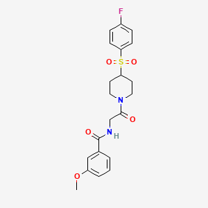 molecular formula C21H23FN2O5S B2959748 N-(2-(4-((4-fluorophenyl)sulfonyl)piperidin-1-yl)-2-oxoethyl)-3-methoxybenzamide CAS No. 1448072-28-3