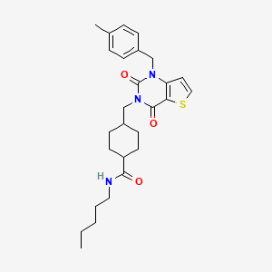 molecular formula C27H35N3O3S B2959755 4-((1-(4-methylbenzyl)-2,4-dioxo-1,2-dihydrothieno[3,2-d]pyrimidin-3(4H)-yl)methyl)-N-pentylcyclohexanecarboxamide CAS No. 932344-59-7