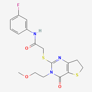 molecular formula C17H18FN3O3S2 B2959786 N-(3-fluorophenyl)-2-{[3-(2-methoxyethyl)-4-oxo-3H,4H,6H,7H-thieno[3,2-d]pyrimidin-2-yl]sulfanyl}acetamide CAS No. 893372-07-1