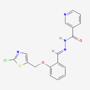 molecular formula C17H13ClN4O2S B2959827 N'-[(1E)-{2-[(2-chloro-1,3-thiazol-5-yl)methoxy]phenyl}methylidene]pyridine-3-carbohydrazide CAS No. 338393-70-7