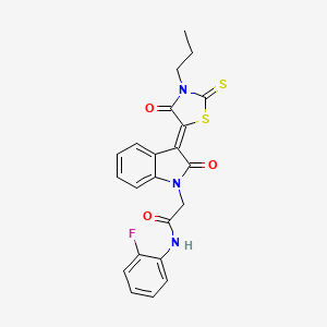 molecular formula C22H18FN3O3S2 B2959832 N-(2-fluorophenyl)-2-[(3Z)-2-oxo-3-(4-oxo-3-propyl-2-thioxo-1,3-thiazolidin-5-ylidene)-2,3-dihydro-1H-indol-1-yl]acetamide CAS No. 618072-53-0