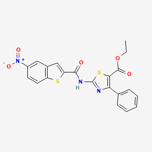 molecular formula C21H15N3O5S2 B2959837 Ethyl 2-(5-nitrobenzo[b]thiophene-2-carboxamido)-4-phenylthiazole-5-carboxylate CAS No. 391867-27-9