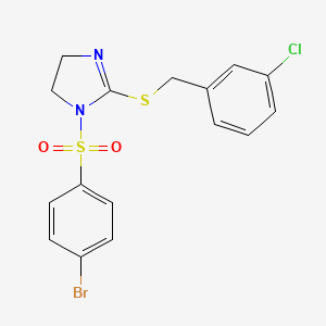 molecular formula C16H14BrClN2O2S2 B2959894 1-(4-Bromophenyl)sulfonyl-2-[(3-chlorophenyl)methylsulfanyl]-4,5-dihydroimidazole CAS No. 868218-87-5