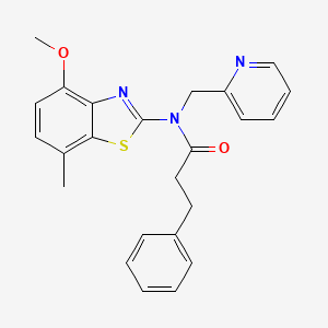 molecular formula C24H23N3O2S B2959977 N-(4-methoxy-7-methylbenzo[d]thiazol-2-yl)-3-phenyl-N-(pyridin-2-ylmethyl)propanamide CAS No. 941968-18-9