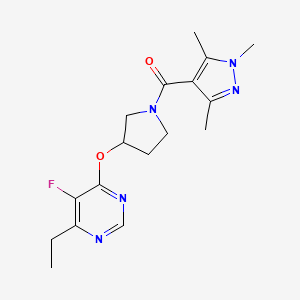 molecular formula C17H22FN5O2 B2960146 (3-((6-ethyl-5-fluoropyrimidin-4-yl)oxy)pyrrolidin-1-yl)(1,3,5-trimethyl-1H-pyrazol-4-yl)methanone CAS No. 2034394-01-7