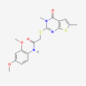 molecular formula C18H19N3O4S2 B2960201 N-(2,4-dimethoxyphenyl)-2-({3,6-dimethyl-4-oxo-3H,4H-thieno[2,3-d]pyrimidin-2-yl}sulfanyl)acetamide CAS No. 878695-38-6