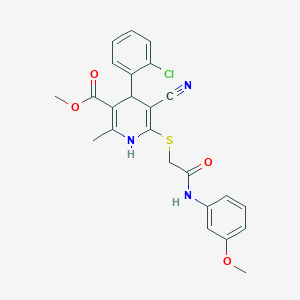 molecular formula C24H22ClN3O4S B2960212 Methyl 4-(2-chlorophenyl)-5-cyano-6-((2-((3-methoxyphenyl)amino)-2-oxoethyl)thio)-2-methyl-1,4-dihydropyridine-3-carboxylate CAS No. 370846-02-9