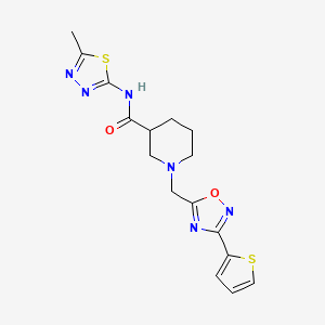 molecular formula C16H18N6O2S2 B2960259 N-(5-methyl-1,3,4-thiadiazol-2-yl)-1-((3-(thiophen-2-yl)-1,2,4-oxadiazol-5-yl)methyl)piperidine-3-carboxamide CAS No. 1286728-68-4