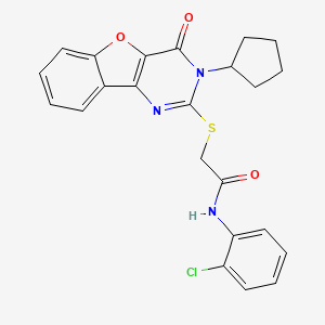 molecular formula C23H20ClN3O3S B2960345 N-(2-chlorophenyl)-2-({5-cyclopentyl-6-oxo-8-oxa-3,5-diazatricyclo[7.4.0.0^{2,7}]trideca-1(9),2(7),3,10,12-pentaen-4-yl}sulfanyl)acetamide CAS No. 899742-43-9
