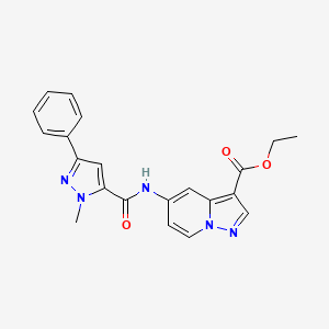 molecular formula C21H19N5O3 B2960489 ethyl 5-(1-methyl-3-phenyl-1H-pyrazole-5-amido)pyrazolo[1,5-a]pyridine-3-carboxylate CAS No. 1396868-06-6
