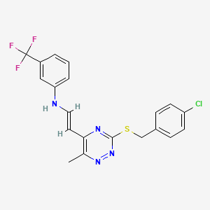 molecular formula C20H16ClF3N4S B2960533 N-(2-(3-((4-Chlorobenzyl)sulfanyl)-6-methyl-1,2,4-triazin-5-yl)vinyl)-3-(trifluoromethyl)aniline CAS No. 477866-57-2