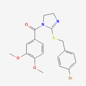 molecular formula C19H19BrN2O3S B2960634 2-{[(4-bromophenyl)methyl]sulfanyl}-1-(3,4-dimethoxybenzoyl)-4,5-dihydro-1H-imidazole CAS No. 851800-53-8