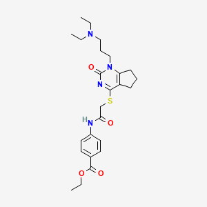 molecular formula C25H34N4O4S B2960675 ethyl 4-(2-((1-(3-(diethylamino)propyl)-2-oxo-2,5,6,7-tetrahydro-1H-cyclopenta[d]pyrimidin-4-yl)thio)acetamido)benzoate CAS No. 898460-43-0