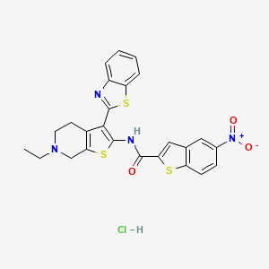 molecular formula C25H21ClN4O3S3 B2960729 N-(3-(benzo[d]thiazol-2-yl)-6-ethyl-4,5,6,7-tetrahydrothieno[2,3-c]pyridin-2-yl)-5-nitrobenzo[b]thiophene-2-carboxamide hydrochloride CAS No. 1215330-66-7