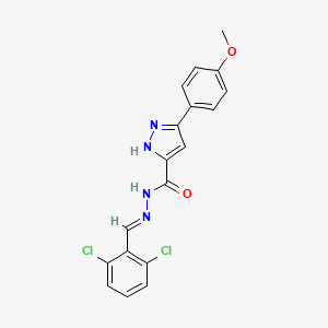 molecular formula C18H14Cl2N4O2 B2960739 (E)-N'-(2,6-dichlorobenzylidene)-3-(4-methoxyphenyl)-1H-pyrazole-5-carbohydrazide CAS No. 306300-61-8