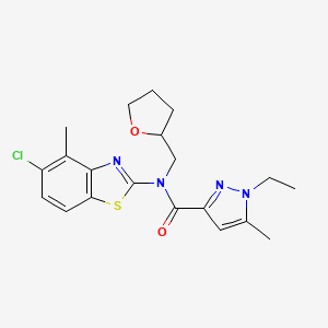 molecular formula C20H23ClN4O2S B2960787 N-(5-chloro-4-methyl-1,3-benzothiazol-2-yl)-1-ethyl-5-methyl-N-[(oxolan-2-yl)methyl]-1H-pyrazole-3-carboxamide CAS No. 1172422-95-5