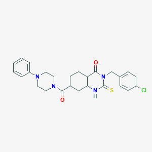 molecular formula C26H23ClN4O2S B2960819 3-[(4-Chlorophenyl)methyl]-7-(4-phenylpiperazine-1-carbonyl)-2-sulfanylidene-1,2,3,4-tetrahydroquinazolin-4-one CAS No. 422530-31-2