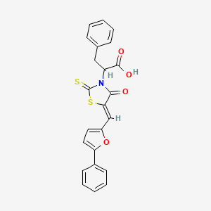 molecular formula C23H17NO4S2 B2960820 (Z)-2-(4-oxo-5-((5-phenylfuran-2-yl)methylene)-2-thioxothiazolidin-3-yl)-3-phenylpropanoic acid CAS No. 875302-85-5