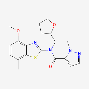 molecular formula C19H22N4O3S B2960878 N-(4-methoxy-7-methyl-1,3-benzothiazol-2-yl)-1-methyl-N-[(oxolan-2-yl)methyl]-1H-pyrazole-5-carboxamide CAS No. 1210460-46-0