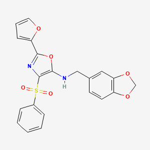 molecular formula C21H16N2O6S B2960931 4-(benzenesulfonyl)-N-[(2H-1,3-benzodioxol-5-yl)methyl]-2-(furan-2-yl)-1,3-oxazol-5-amine CAS No. 823829-52-3