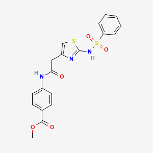 molecular formula C19H17N3O5S2 B2961128 METHYL 4-[2-(2-BENZENESULFONAMIDO-1,3-THIAZOL-4-YL)ACETAMIDO]BENZOATE CAS No. 922026-02-6
