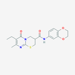 molecular formula C19H21N3O4S B2961320 N-(2,3-dihydrobenzo[b][1,4]dioxin-6-yl)-7-ethyl-8-methyl-6-oxo-2,3,4,6-tetrahydropyrimido[2,1-b][1,3]thiazine-3-carboxamide CAS No. 1421476-25-6