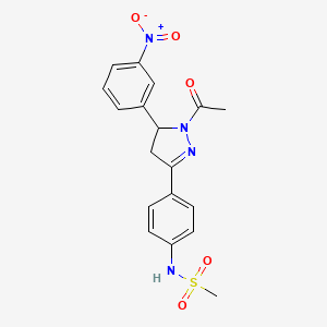 molecular formula C18H18N4O5S B2961389 N-(4-(1-acetyl-5-(3-nitrophenyl)-4,5-dihydro-1H-pyrazol-3-yl)phenyl)methanesulfonamide CAS No. 851717-91-4