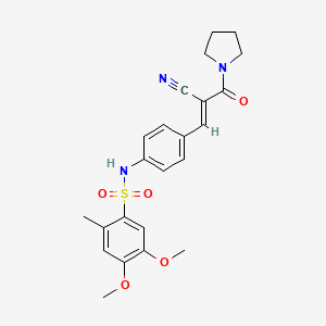 molecular formula C23H25N3O5S B2961524 N-{4-[2-cyano-2-(pyrrolidine-1-carbonyl)eth-1-en-1-yl]phenyl}-4,5-dimethoxy-2-methylbenzene-1-sulfonamide CAS No. 1147842-22-5