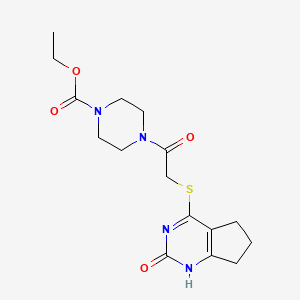 molecular formula C16H22N4O4S B2961567 ethyl 4-[2-({2-oxo-1H,2H,5H,6H,7H-cyclopenta[d]pyrimidin-4-yl}sulfanyl)acetyl]piperazine-1-carboxylate CAS No. 946269-45-0