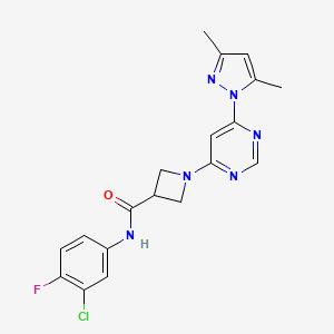 molecular formula C19H18ClFN6O B2961686 N-(3-chloro-4-fluorophenyl)-1-(6-(3,5-dimethyl-1H-pyrazol-1-yl)pyrimidin-4-yl)azetidine-3-carboxamide CAS No. 2034582-32-4