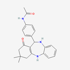molecular formula C23H25N3O2 B2962059 N-(4-{14,14-dimethyl-12-oxo-2,9-diazatricyclo[9.4.0.0^{3,8}]pentadeca-1(11),3,5,7-tetraen-10-yl}phenyl)acetamide CAS No. 442671-63-8