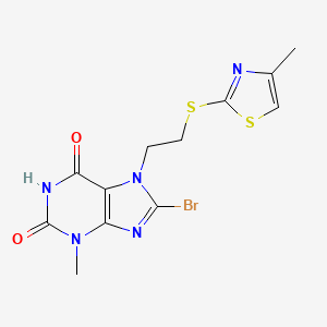 molecular formula C12H12BrN5O2S2 B2962136 8-Bromo-3-methyl-7-[2-[(4-methyl-1,3-thiazol-2-yl)sulfanyl]ethyl]purine-2,6-dione CAS No. 476482-18-5