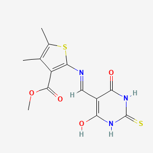 molecular formula C13H13N3O4S2 B2962414 methyl 2-(((4,6-dioxo-2-thioxotetrahydropyrimidin-5(2H)-ylidene)methyl)amino)-4,5-dimethylthiophene-3-carboxylate CAS No. 1021262-95-2