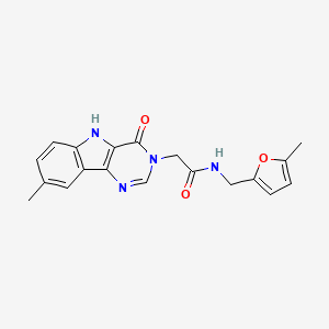 molecular formula C19H18N4O3 B2962579 2-{8-methyl-4-oxo-3H,4H,5H-pyrimido[5,4-b]indol-3-yl}-N-[(5-methylfuran-2-yl)methyl]acetamide CAS No. 1105200-75-6