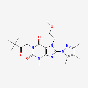 molecular formula C21H30N6O4 B2962584 1-(3,3-dimethyl-2-oxobutyl)-7-(2-methoxyethyl)-3-methyl-8-(3,4,5-trimethyl-1H-pyrazol-1-yl)-1H-purine-2,6(3H,7H)-dione CAS No. 1014010-18-4