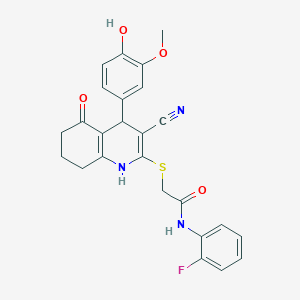 2-{[3-cyano-4-(4-hydroxy-3-methoxyphenyl)-5-oxo-1,4,5,6,7,8-hexahydroquinolin-2-yl]sulfanyl}-N-(2-fluorophenyl)acetamide