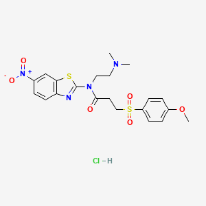 molecular formula C21H25ClN4O6S2 B2962819 N-(2-(dimethylamino)ethyl)-3-((4-methoxyphenyl)sulfonyl)-N-(6-nitrobenzo[d]thiazol-2-yl)propanamide hydrochloride CAS No. 1216377-00-2