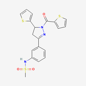 molecular formula C19H17N3O3S3 B2962821 N-(3-(5-(thiophen-2-yl)-1-(thiophene-2-carbonyl)-4,5-dihydro-1H-pyrazol-3-yl)phenyl)methanesulfonamide CAS No. 851719-40-9