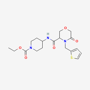 molecular formula C18H25N3O5S B2962844 Ethyl 4-(5-oxo-4-(thiophen-2-ylmethyl)morpholine-3-carboxamido)piperidine-1-carboxylate CAS No. 1421441-80-6