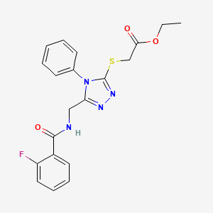 molecular formula C20H19FN4O3S B2962869 ethyl 2-((5-((2-fluorobenzamido)methyl)-4-phenyl-4H-1,2,4-triazol-3-yl)thio)acetate CAS No. 689747-55-5