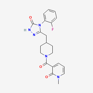 molecular formula C21H22FN5O3 B2962886 3-(4-((4-(2-fluorophenyl)-5-oxo-4,5-dihydro-1H-1,2,4-triazol-3-yl)methyl)piperidine-1-carbonyl)-1-methylpyridin-2(1H)-one CAS No. 2034362-85-9