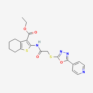 molecular formula C20H20N4O4S2 B2962899 Ethyl 2-(2-((5-(pyridin-4-yl)-1,3,4-oxadiazol-2-yl)thio)acetamido)-4,5,6,7-tetrahydrobenzo[b]thiophene-3-carboxylate CAS No. 488827-04-9