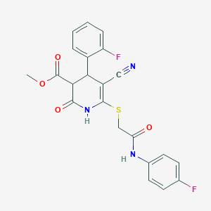 molecular formula C22H17F2N3O4S B2962986 methyl 5-cyano-4-(2-fluorophenyl)-6-({[(4-fluorophenyl)carbamoyl]methyl}sulfanyl)-2-oxo-1,2,3,4-tetrahydropyridine-3-carboxylate CAS No. 370843-97-3