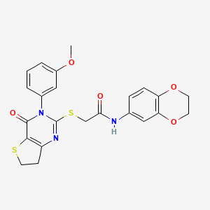 molecular formula C23H21N3O5S2 B2963072 N-(2,3-dihydro-1,4-benzodioxin-6-yl)-2-{[3-(3-methoxyphenyl)-4-oxo-3H,4H,6H,7H-thieno[3,2-d]pyrimidin-2-yl]sulfanyl}acetamide CAS No. 877655-22-6