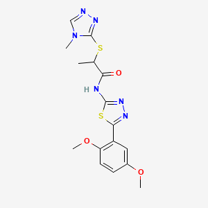 molecular formula C16H18N6O3S2 B2963165 N-[5-(2,5-dimethoxyphenyl)-1,3,4-thiadiazol-2-yl]-2-[(4-methyl-4H-1,2,4-triazol-3-yl)sulfanyl]propanamide CAS No. 394235-74-6