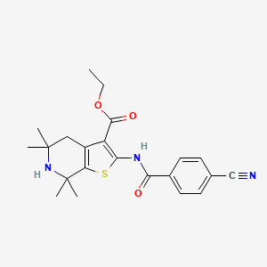 molecular formula C22H25N3O3S B2963230 ethyl 2-(4-cyanobenzamido)-5,5,7,7-tetramethyl-4H,5H,6H,7H-thieno[2,3-c]pyridine-3-carboxylate CAS No. 887901-72-6