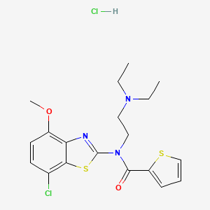 molecular formula C19H23Cl2N3O2S2 B2963360 N-(7-CHLORO-4-METHOXY-1,3-BENZOTHIAZOL-2-YL)-N-[2-(DIETHYLAMINO)ETHYL]THIOPHENE-2-CARBOXAMIDE HYDROCHLORIDE CAS No. 1215483-06-9