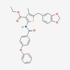 molecular formula C29H25NO6S B2963362 ethyl 5-[(2H-1,3-benzodioxol-5-yl)methyl]-4-methyl-2-(4-phenoxybenzamido)thiophene-3-carboxylate CAS No. 476365-63-6